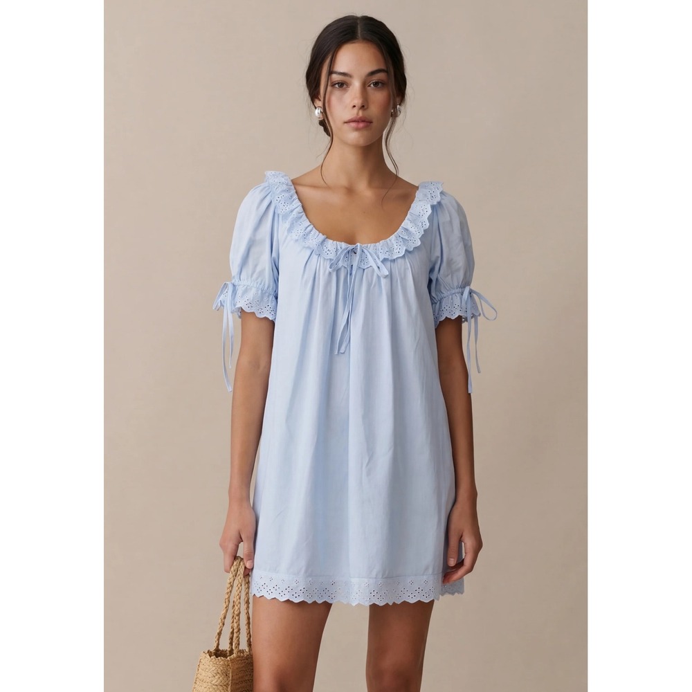 Kourt Juliet Light Blue Eyelet Ruffle Babydoll Mini Cotton Dress Small NEW
